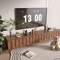Wooden Entryway Side Cabinet With Arched Design Decorated By Plants Books And Teddy Bear