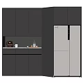 Modern Dark Wine Cabinet With LED Lighting And Decorative Items By White Refrigerator