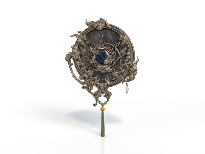 Daily Life Essential Traditional Hand Mirror with Intricate Metal Carving Blue Gem Center Green Tassel 3d model