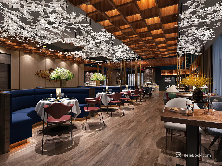 Stylish Restaurant Interior With Wooden Ceiling Stone Wall Blue Booths And Dining Tables 3d model 