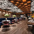 Stylish Restaurant Interior With Wooden Ceiling Stone Wall Blue Booths And Dining Tables