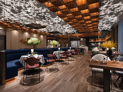 Stylish Restaurant Interior With Wooden Ceiling Stone Wall Blue Booths And Dining Tables 3d model