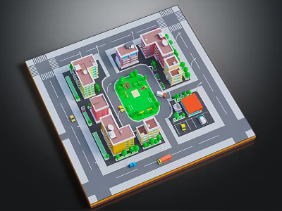 Colorful Residential Buildings Layout With Central Green Square Roads And Vehicles 3d model