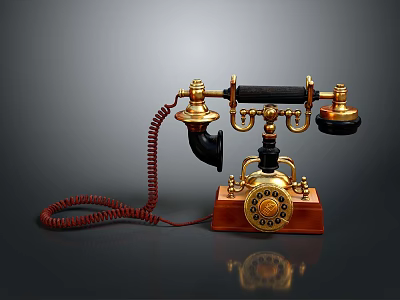 Vintage Antique Telephone With Brass Accents Wooden Base And Red Coiled Cord 3d model