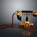 Vintage Antique Telephone With Brass Accents Wooden Base And Red Coiled Cord