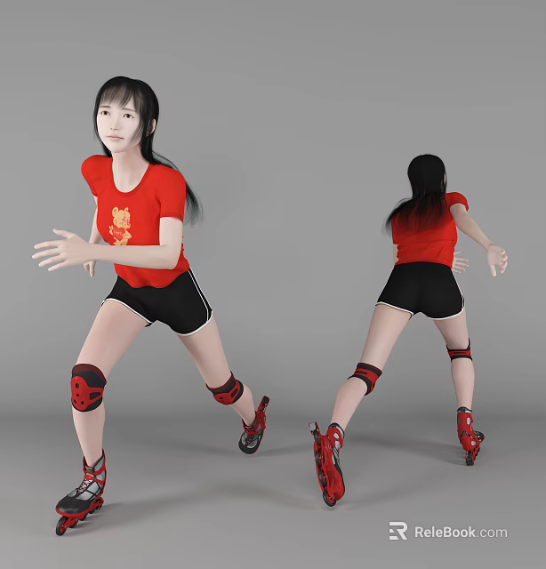 Woman Wearing Red Shirt Black Shorts Knee Pads and Roller Skates 3d model 
