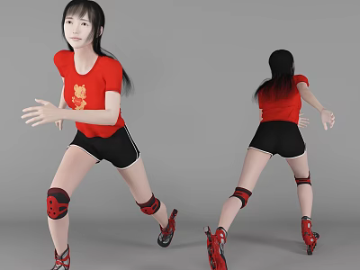 Woman Wearing Red Shirt Black Shorts Knee Pads and Roller Skates 3d model