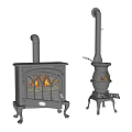 Modern Metal Fireplaces With Glass Door And Tall Chimney Featuring Burning Fire 3d model