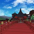 Ancient Chinese Architecture With Pagoda Towers Black Tiled Roofs Red Pillars And Green Trees