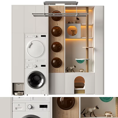 Modern Stackable Washer Dryer In White Laundry Room With Storage Cabinets And Decorative Shelves 3d model