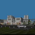 Modern Commercial Street Featuring Pedestrians Vehicles Greenery And Multi Story Buildings
