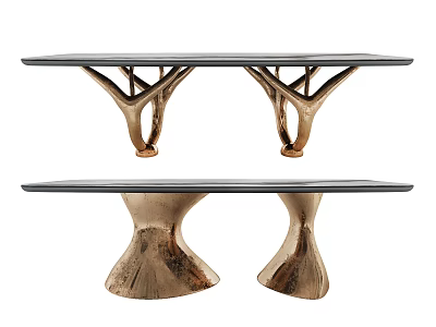 Black Top Dining Tables Featuring Gold Tree Like Legs And Stump Shaped Supports 3d model