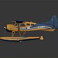 Detailed Yellow and Blue Seaplane Model with Floats on Dark Background