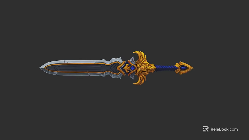 Ornate Fantasy Sword With Golden Decoration Blue Gemstones And Blue Hilt 3d model 