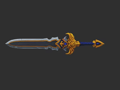 Ornate Fantasy Sword With Golden Decoration Blue Gemstones And Blue Hilt 3d model