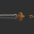 Ornate Fantasy Sword With Golden Decoration Blue Gemstones And Blue Hilt
