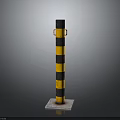 Safety Bollard With Yellow Black Stripes And Orange Rings On Square Base