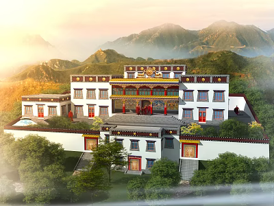 Traditional Ancient Building With White Walls Red Doors Against Mountain Backdrop And Green Vegetation 3d model