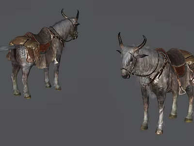 Two Large Reptiles With Saddle Equipment Standing On Plain Gray Surface 3d model