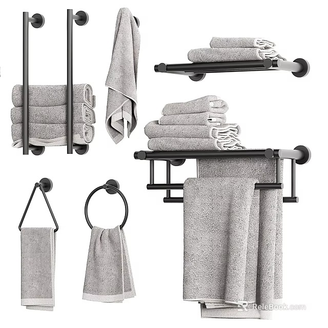 Bathroom Storage Racks Featuring Towel Holders Rings Shelves And Folded Hanging Towels 3d model 