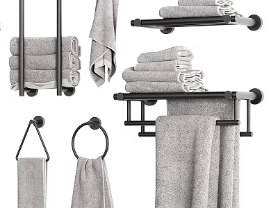 Bathroom Storage Racks Featuring Towel Holders Rings Shelves And Folded Hanging Towels 3d model