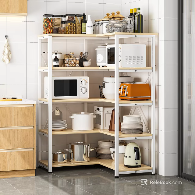 White Multi Tiered Kitchen Rack With Microwave Toaster Cookware Dishes Wooden Cabinet White Tiled Wall 3d model 