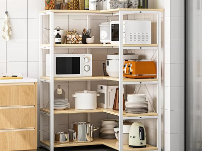 White Multi Tiered Kitchen Rack With Microwave Toaster Cookware Dishes Wooden Cabinet White Tiled Wall 3d model