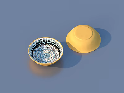Modern Tableware Set With Yellow Bowl And Blue White Decorative Pattern Design 3d model