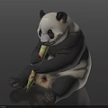 Cute Giant Panda Sitting And Eating Fresh Bamboo Shoot On Gray Background