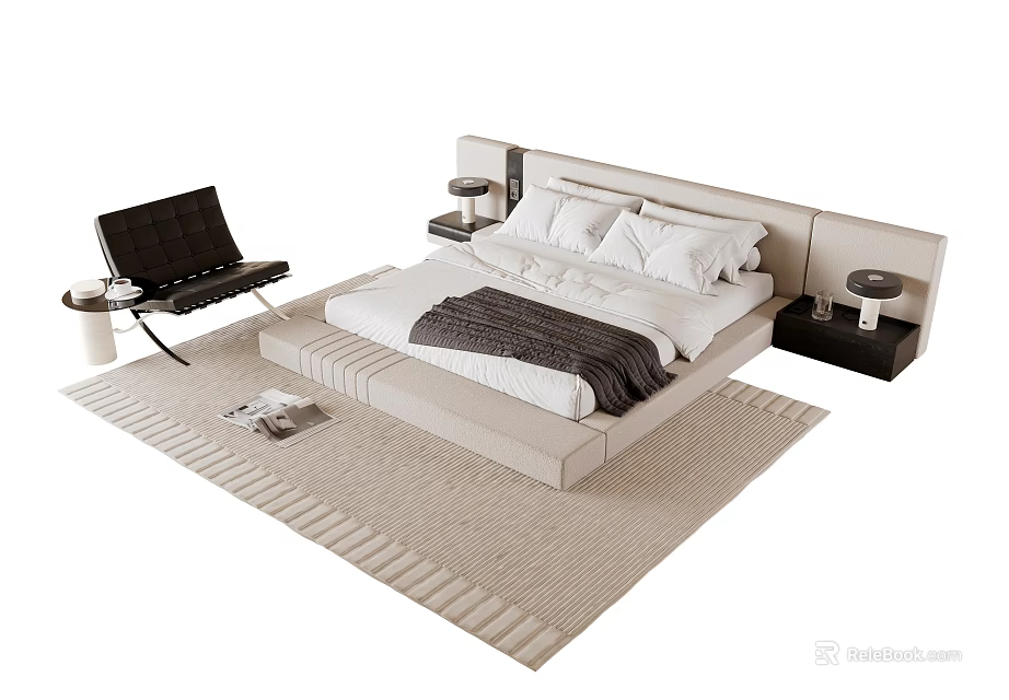 Modern Double Bed With Extended Headboard Nightstands Table Lamps Black Chair And Light Colored Rug 3d model 