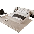 Modern Double Bed With Extended Headboard Nightstands Table Lamps Black Chair And Light Colored Rug