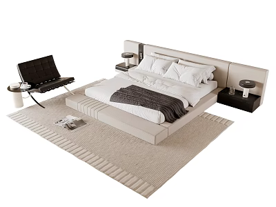 Modern Double Bed With Extended Headboard Nightstands Table Lamps Black Chair And Light Colored Rug 3d model