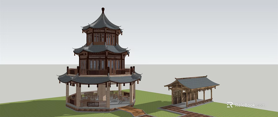 Traditional Chinese Architecture 3D Model With Pavilion Tower Wooden Structure And Stone Path 3d model 
