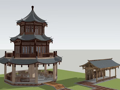 Traditional Chinese Architecture 3D Model With Pavilion Tower Wooden Structure And Stone Path 3d model