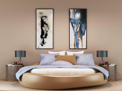 Round Bed Bedroom Interior With Two Paintings Nightstands Table Lamps Soft Pillows And Bedspread 3d model