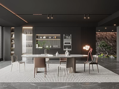 Modern Restaurant Interior With Dining Table Chairs Pendant Light Green Plants And Marble Floor 3d model