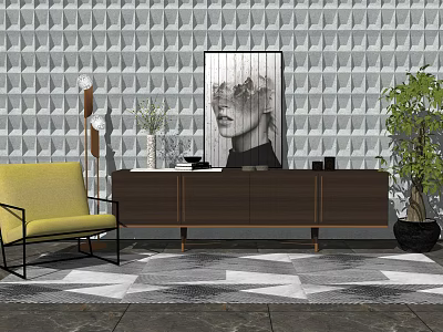 Modern TV Stand With Diamond Patterned Wall Black White Portrait Yellow Chair And Green Plant 3d model