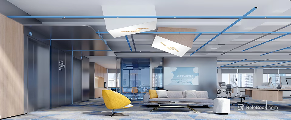 Stylish Modern Public Office Space Interior With Open Layout Yellow Chair And Gray Sofa 3d model 