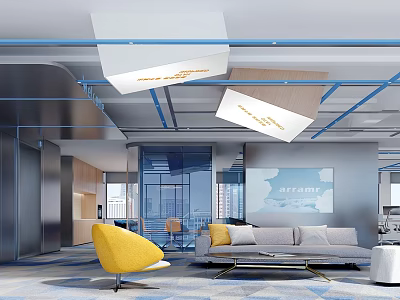 Stylish Modern Public Office Space Interior With Open Layout Yellow Chair And Gray Sofa 3d model