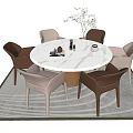 Round Marble Dining Table Set With Six Beige Chairs And Decorative Items On Patterned Rug 3d model