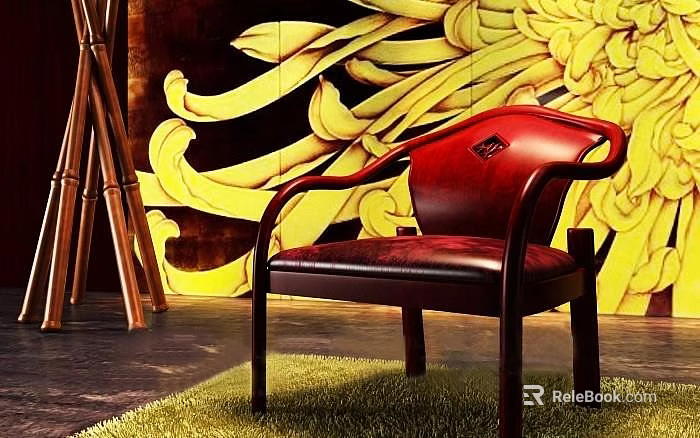Red Leather Leisure Chair With Curved Armrests Yellow Floral Wall And Green Rug 3d model 
