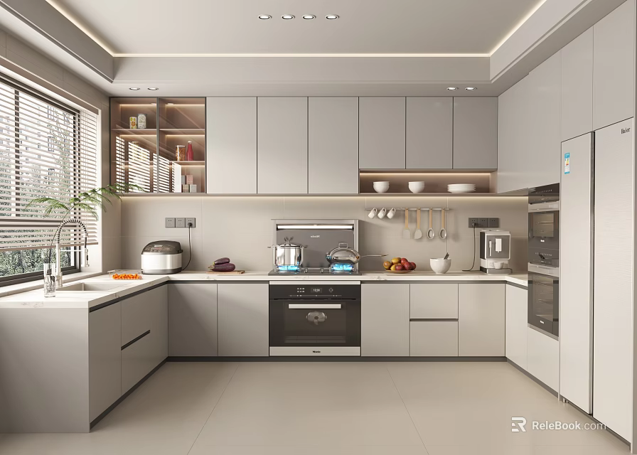 Modern Kitchen Interior Design With White Cabinets Countertop And Stainless Steel Appliances 3d model 