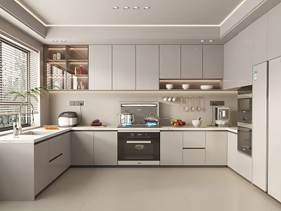 Modern Kitchen Interior Design With White Cabinets Countertop And Stainless Steel Appliances 3d model