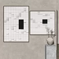 Minimalist Wall Art With Grid Pattern Paintings And White Vase On Pedestal