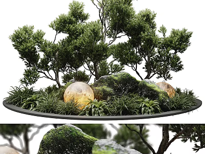 Garden Landscape Design with Lush Trees Mossy Rocks and Small Green Plants 3d model