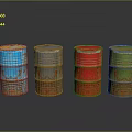 Colorful Oil Barrels Featuring Decorative Patterns And Rusty Texture On Black Surface Gray Background
