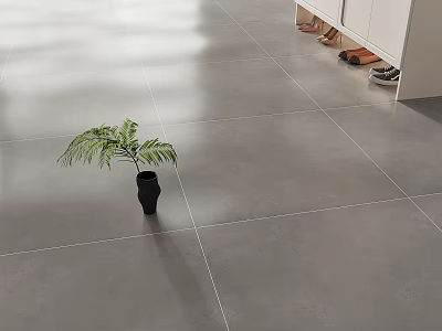 Gray Large Format Floor Tiles In Modern Interior With Plant 3d model