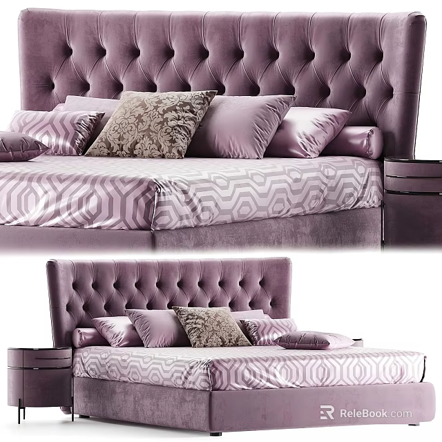 Double Bed With Purple Tufted Headboard Multiple Pillows Geometric Pattern Bedspread And Nightstand 3d model 