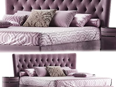 Double Bed With Purple Tufted Headboard Multiple Pillows Geometric Pattern Bedspread And Nightstand 3d model