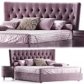 Double Bed With Purple Tufted Headboard Multiple Pillows Geometric Pattern Bedspread And Nightstand 3d model